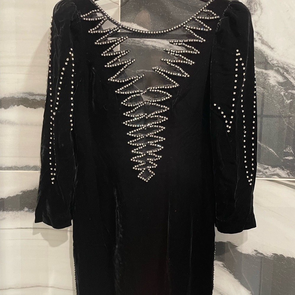 VINTAGE custom ringstones crystals velvet dress gown black